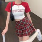 Short-sleeve Lettering Raglan T-shirt / Plaid Mini A-line Skirt