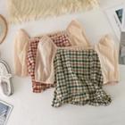 Square Collar Plaid Puff-sleeved Top