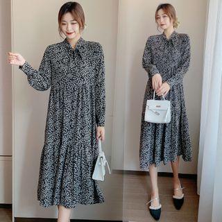 Long-sleeve Flower Print Midi Dress