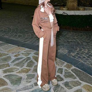 Lettering Zip-up Cropped Jacket / Two-tone High Waist Wide Leg Pants