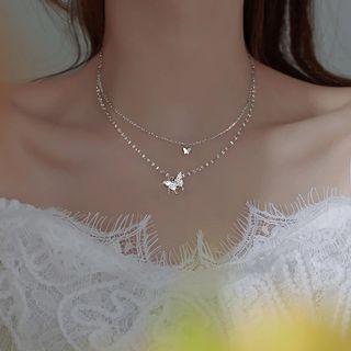 Rhinestone Butterfly Pendant Necklace One Size - One Size