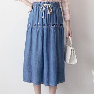 Turtle Embroidered Drawstring Midi Denim Skirt