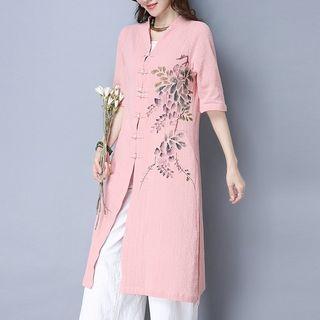 Leaf Print Elbow Sleeve Long Coat
