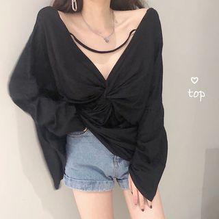 Long Sleeve Deep V-neck Plain Top