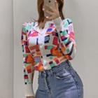 Long-sleeve Buttoned Printed Knit Top As Shown In Figure - One Size
