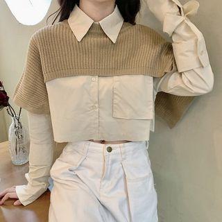 Set: Plain Shirt + Crop Knit Top