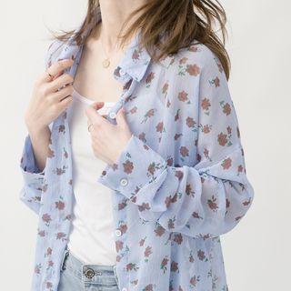Floral Long-sleeve Chiffon Blouse Blue - One Size