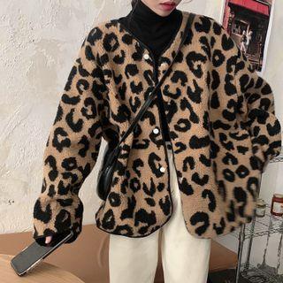 Leopard Fleece Loose-fit Jacket Khaki - One Size
