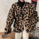 Leopard Fleece Loose-fit Jacket Khaki - One Size