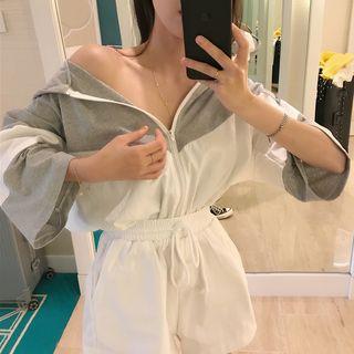 Mock Two-piece Color Block 3/4-sleeve Playsuit