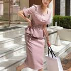 Set: Square-neck Blouse + Midi Pencil Skirt