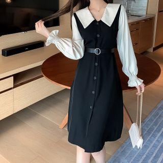 Two-tone Panel Button Midi A-line Dress