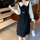Two-tone Panel Button Midi A-line Dress