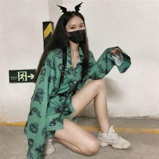 Dragon Print Long-sleeve Loose-fit Shirt / Shorts / Tie