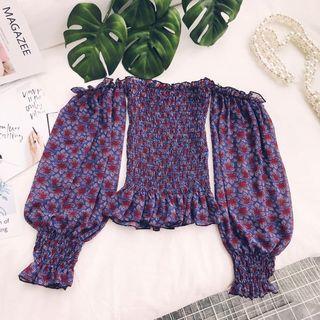 Puff-sleeve Off-shoulder Floral Smocked Blouse