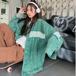 Distressed Patch Loose-fit Denim Jacket Green - One Size