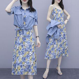 Set: 3/4-sleeve Denim Shirt + Spaghetti Strap Floral Print Midi A-line Dress