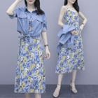 Set: 3/4-sleeve Denim Shirt + Spaghetti Strap Floral Print Midi A-line Dress