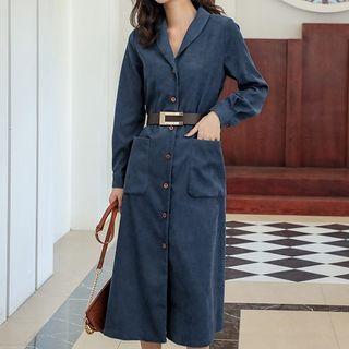 Plain Button Long-sleeve Midi A-line Dress
