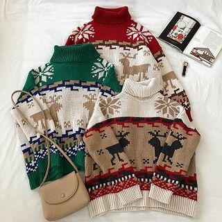 Color-block Turtle-neck Long-sleeve Sweater