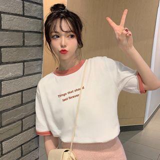 Short-sleeve Color-block Letter Printed T-shirt