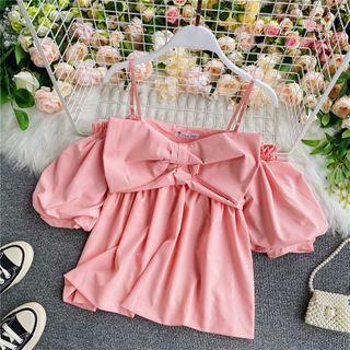 Bow-detail Off-shoulder Puff-sleeve Plain Blouse