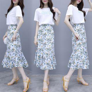 Set: Lettering Elbow-sleeve T-shirt + Floral Print Midi A-line Skirt