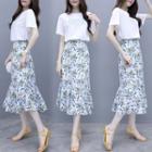 Set: Lettering Elbow-sleeve T-shirt + Floral Print Midi A-line Skirt
