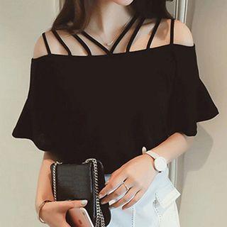 Mesh Ruffle Short-sleeve Top