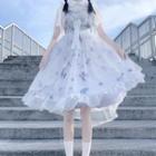 Short-sleeve Lace Trim Blouse / Print Bow Lace Trim Jumper Skirt