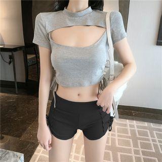Short-sleeve Cut-out Lace-up Cropped Top / Slim-fit Shorts