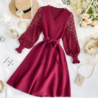 Bishop-sleeve Dotted Mesh Tie-waist Midi A-line Dress