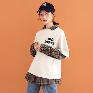 Mock Two-piece Plaid-sleeve Lettering T-shirt