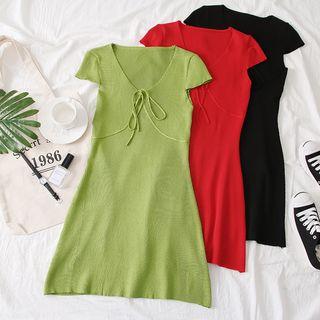 Tie-neckline Plain Mini Dress