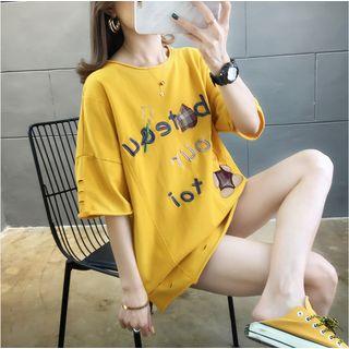Letter Embroidered Distressed Short-sleeve T-shirt