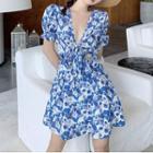 Bell-sleeve Floral Ruched Mini Dress