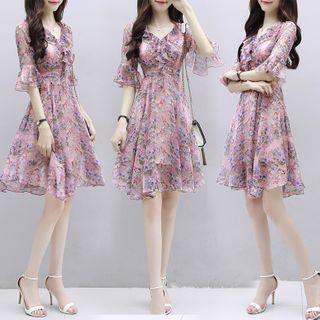 Elbow Sleeve V-neck Floral Print Ruffled Chiffon Dress