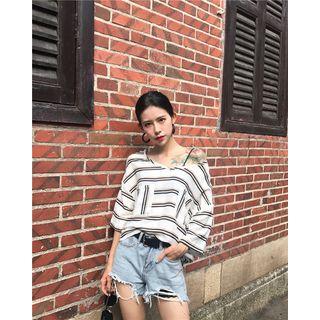 Stripe V-neck Short-sleeve Blouse