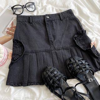 High-waist Denim A-line Pleated Mini Skirt