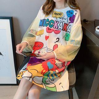 Balloon-sleeve Paneled Cartoon Print T-shirt Dress White - One Size