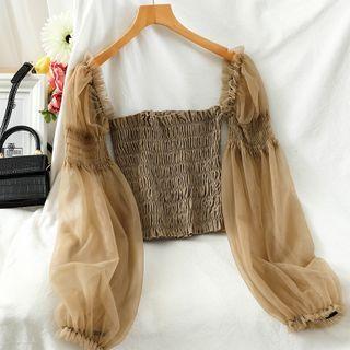 Long-sleeve Shirred Chiffon Top