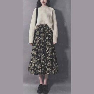 Mock-neck Sweater / Floral Print Midi Dress / Set