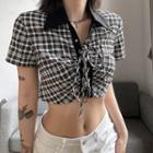 Short Sleeve Plaid Lace-up Crop Top