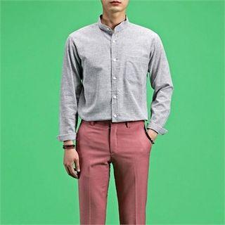 Long-sleeve Mandarin-collar Check Shirt