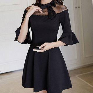 Mesh Panel Flutter Elbow-sleeve A-line Dress