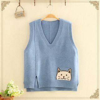 V-neck Cat Printed Knitted Vest
