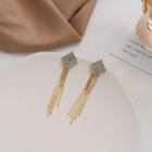 Rhinestone Square Fringed Earring 1 Pair - 925silver Earrings - Gold - One Size