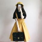 Short-sleeve Buttoned T-shirt / A-line Suspender Skirt