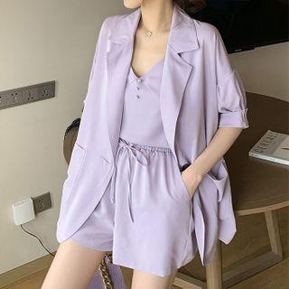Set: Elbow-sleeve Blazer + Wide-leg Shorts + Top