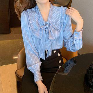 Collared Ribbon Tie-neck Striped Blouse
